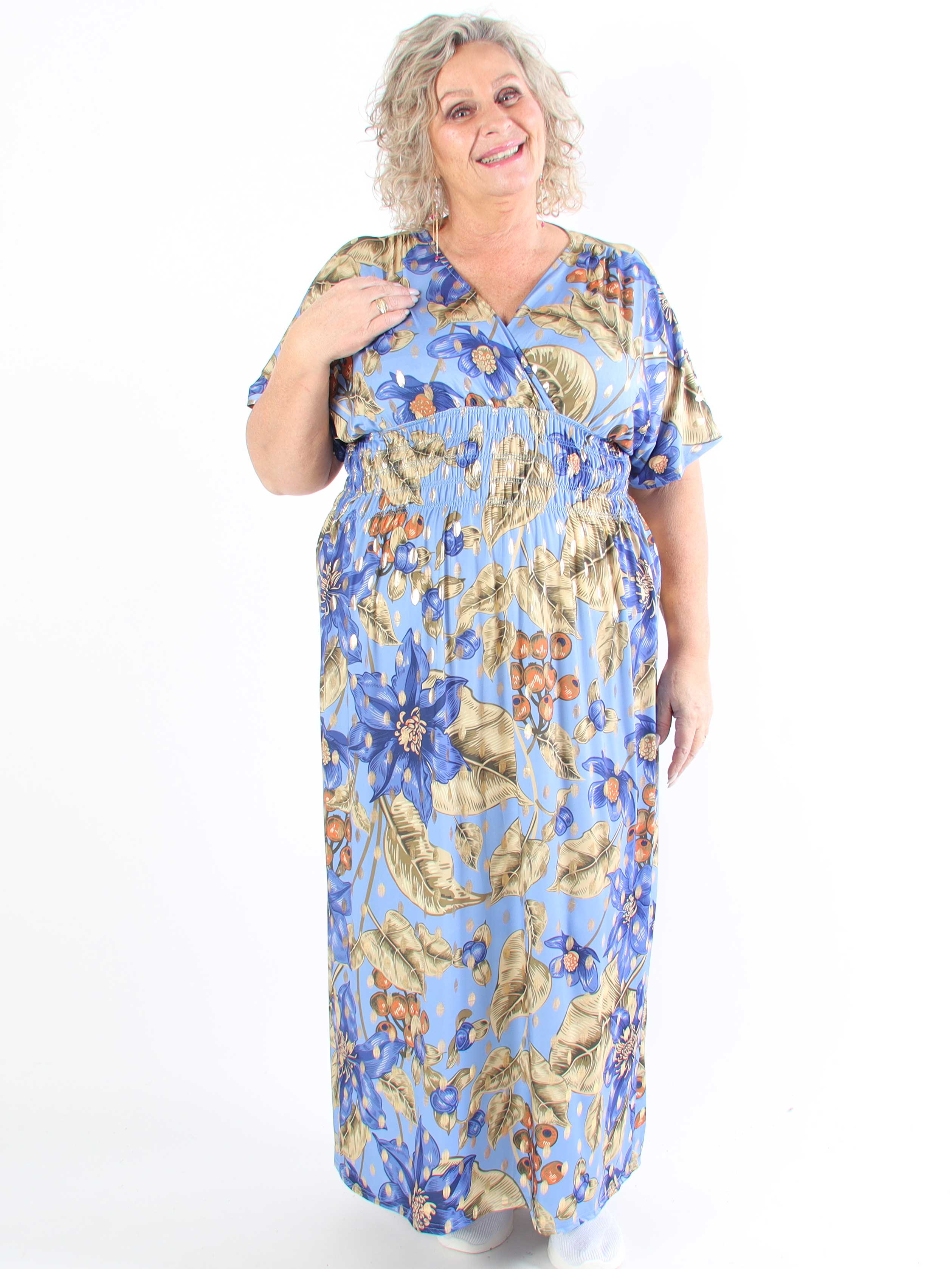 Pams Berry - Lång plus size-klänning med resår och smockad midja